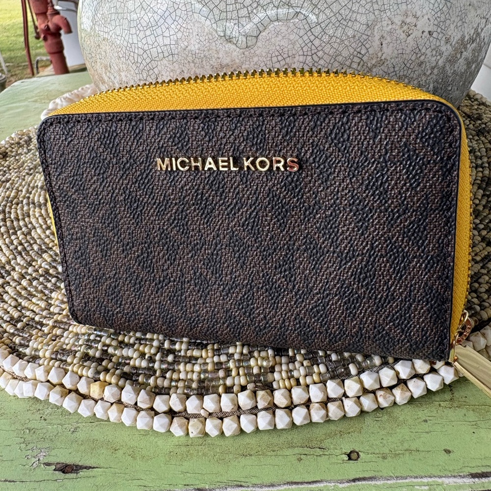 Michael Kors Brown Wallet with Yellow Zip Trim